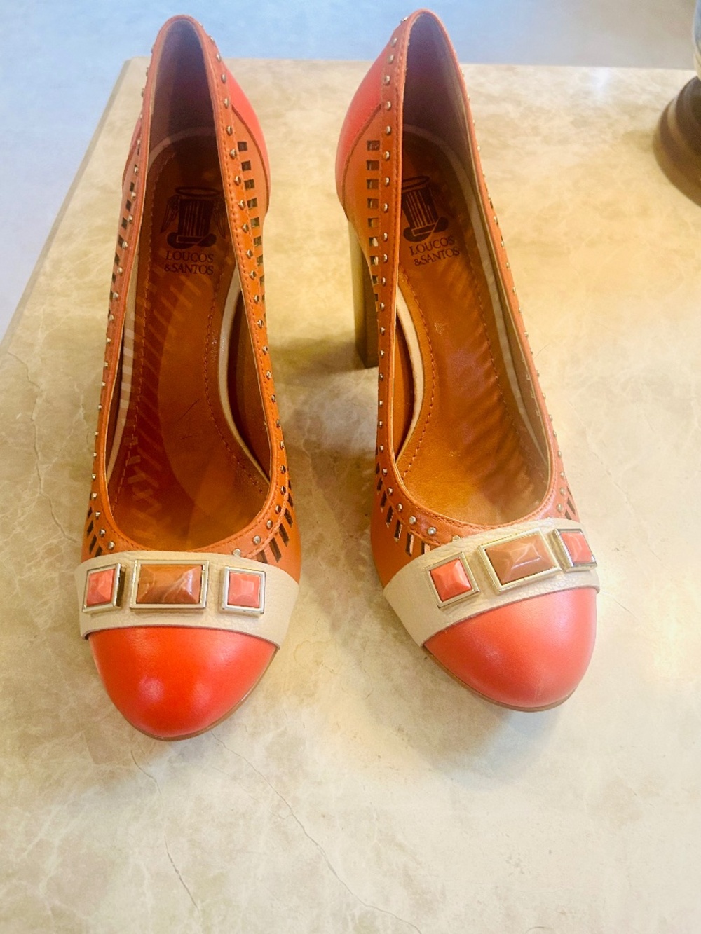Brazilian Coral Color block orange and red leather and stone heels 7